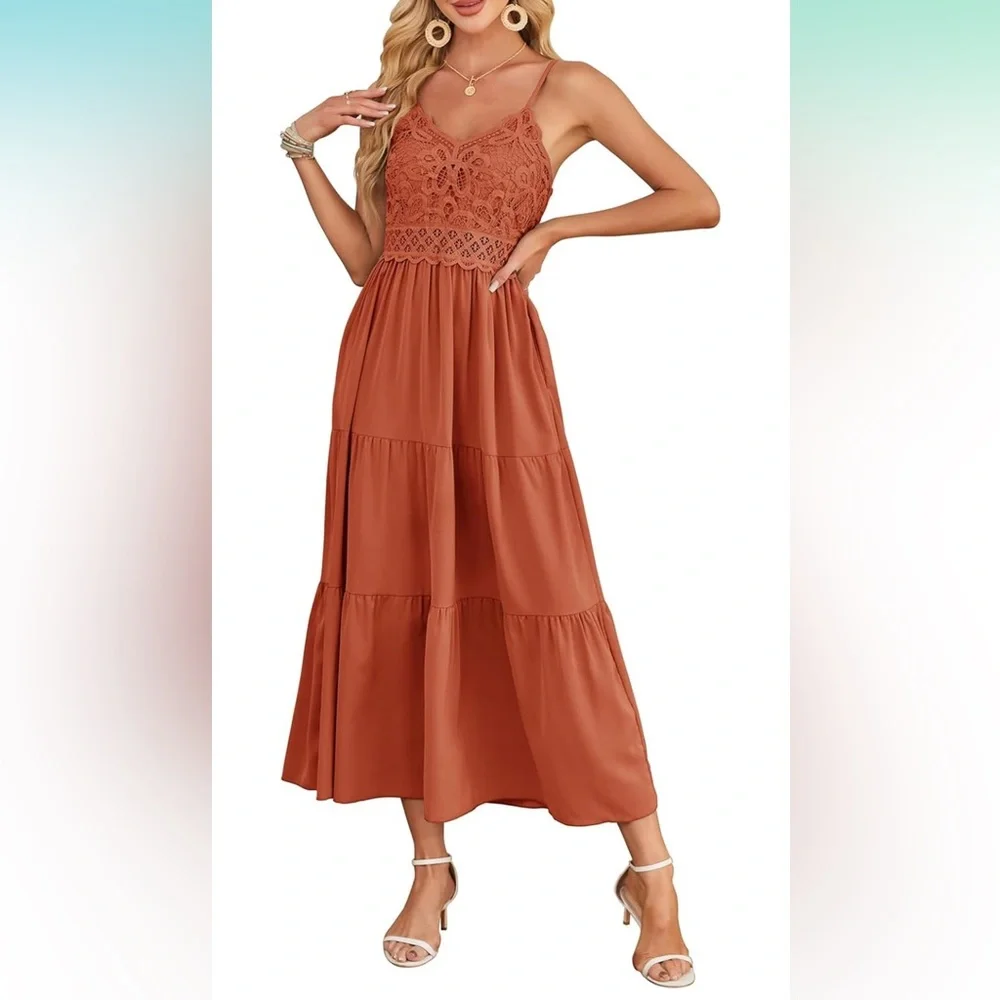Dokuritu Women's Crochet Lace Maxi Summer Vacation Spaghetti Strap Long Dress - Picture 1 of 13